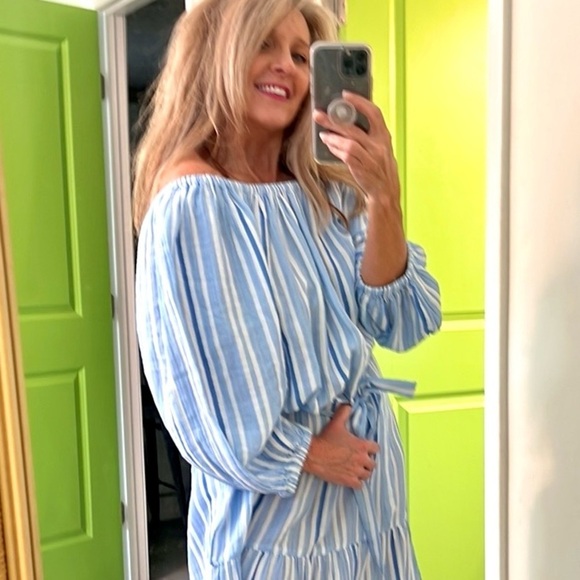NWT,TOMMY BAHAMA, Vill Solstice Stripe Off The Shoulder Cotton Dress Blue Vault - Picture 14 of 14